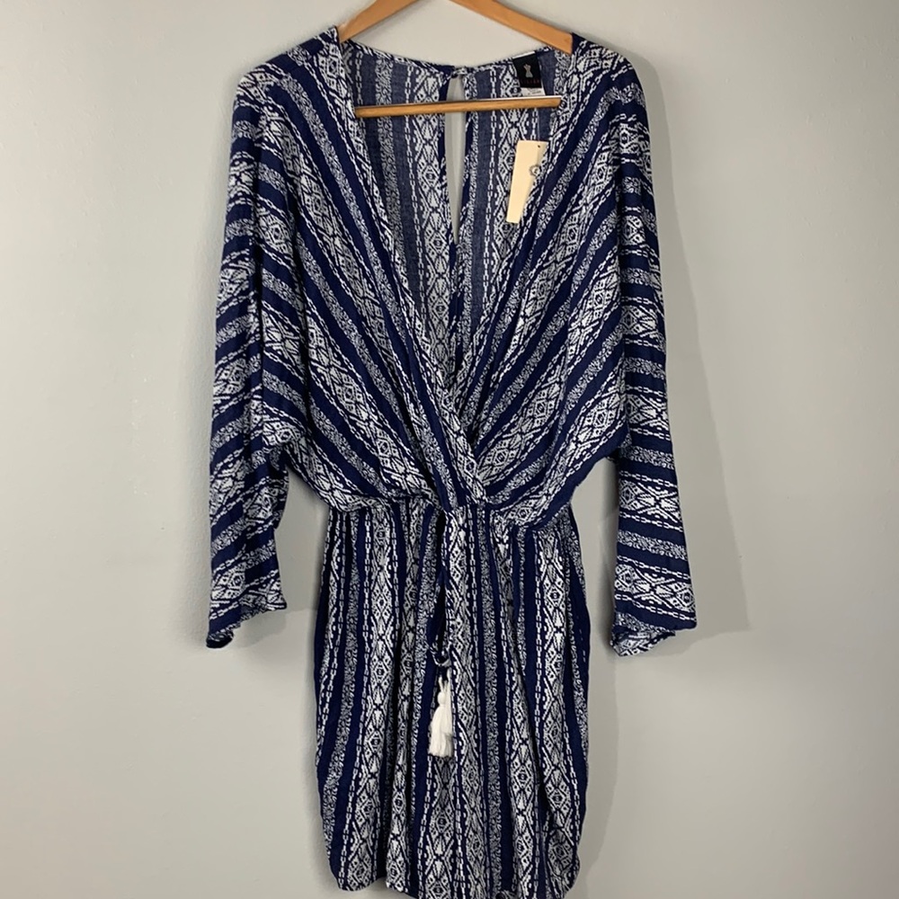 NWT LILIAN Romper Shorts Aztec Print Long sleeves 2X Blue White Rayon